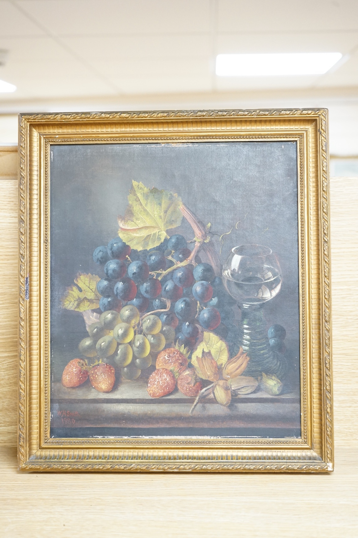 William H Smith (19th. C), oil on canvas, Still life of fruit, signed and dated 1880, 35 x 29cm, gilt framed. Condition - scuffs to the canvas